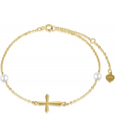 14k Gold Cross Anklets for Women, Real Pearl Religious Ankle Bracelet Gifts for Her, 9.4"+0.8"+0.8 Yellow Gold $81.48 Anklets