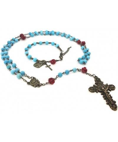 Our Lady of Lourdes Turquoise and Red Rose Rosary and Rosary Bracelet Set,Rosary & Miraculous Medal Bracelet,Catholic Rosary,...