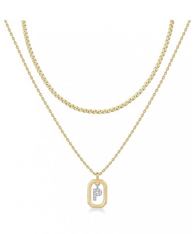14K Gold Plated Cubic Zirconia Letter Pendant Layered Necklace | Framed Initial Letter Cable Singapore Chains Layering Neckla...