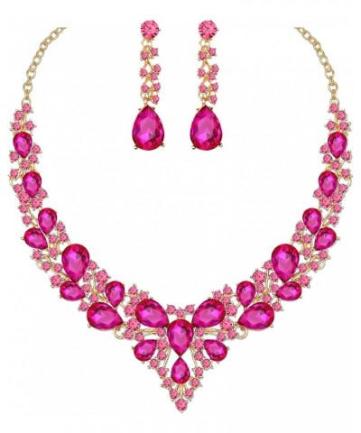 Women's Statement Necklace Earrings Set for Bride Austrian Crystal Wedding Bridal Costume Jewelry Sets fuchsia-gold tone $12....