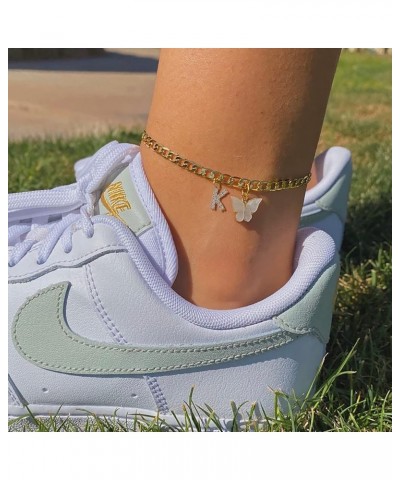 14K Gold Plated Dainty Butterfly Initial Ankle Bracelets Handmade Cuban Chain White Butterfly A-Z Alphabet Letter Initial Ank...