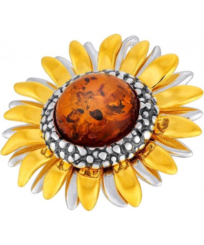 Women's Brooch, Polished Sterling Silver, Oxidised and Gilded, Round Baltic Amber in Cognac Colour, Sunflower Brooch with Pen...