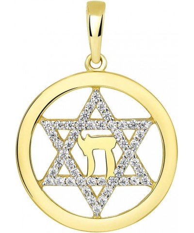 14k Yellow Gold Round CZ Jewish Star of David with Chai Symbol Pendant $55.10 Pendants