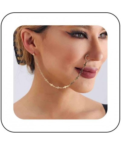 Punk Nose Ring Chain Cross Tassel Chain Nose Ring Silver Tassel Dangle Nose Ring Cross Hoop Fake Nose to Ear Chain with Earri...