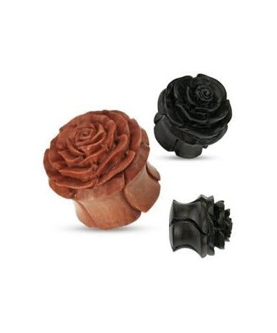 Earrings Rings Organic Wood Full Bloom Rosebud Handcarved Double Flared Plug black 9/16 $13.05 Body Jewelry
