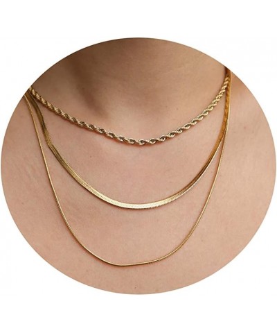 14K Gold Filled Herringbone Choker Necklace Set Double Layer Snake Chain Herringbone Chain Necklace Layering Necklace Set Cub...