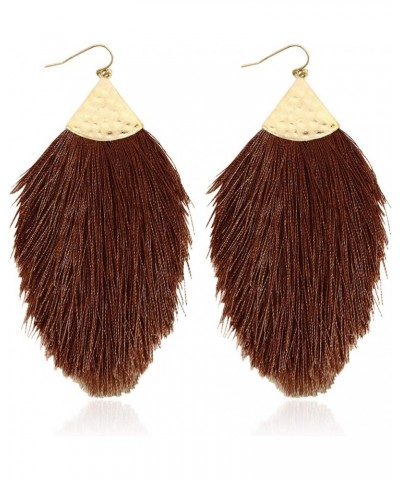 Bohemian Silky Thread Fan Fringe Tassel Statement Earrings - Lightweight Strand Feather Shape Dangles Feather Fringe - Brown ...