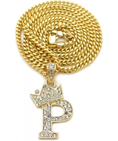 Unisex Small Size Pave Crown Tilted Initial Alphabet Letter Pendant 3mm 20" Cuban Chain Necklace in Gold, Silver Tone P - Gol...