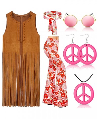 7 Pcs 60s 70s Outfits for Women Halloween Hippie Costume Fringe Vest Boho Flared Pants Peace Sign Accessories Set Floral $21....